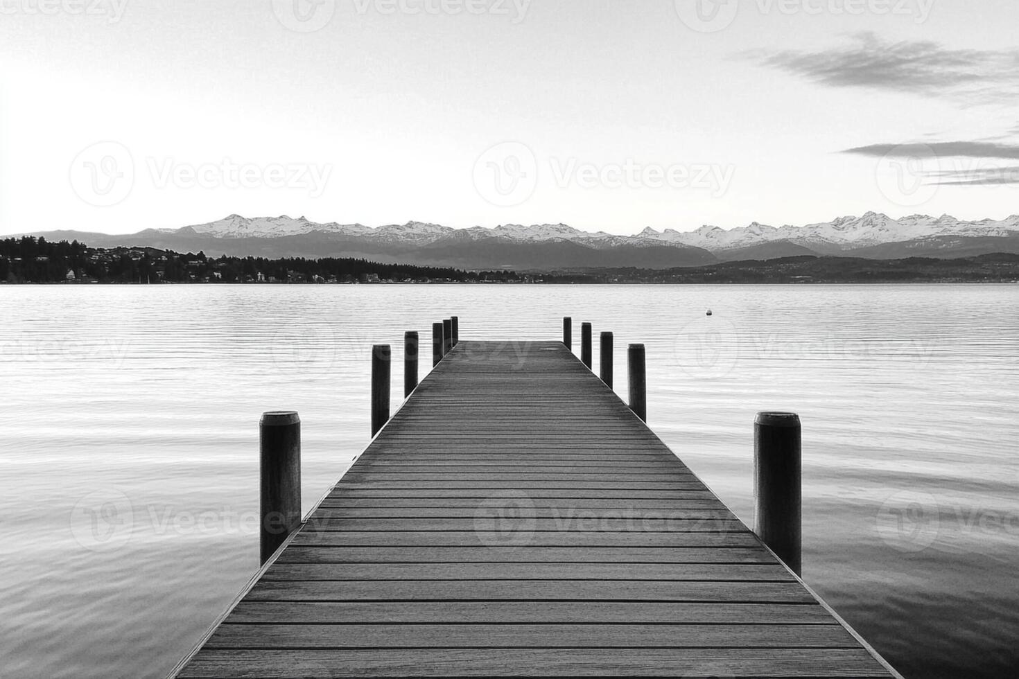 Black and white photograph of a dock extending into the water photo