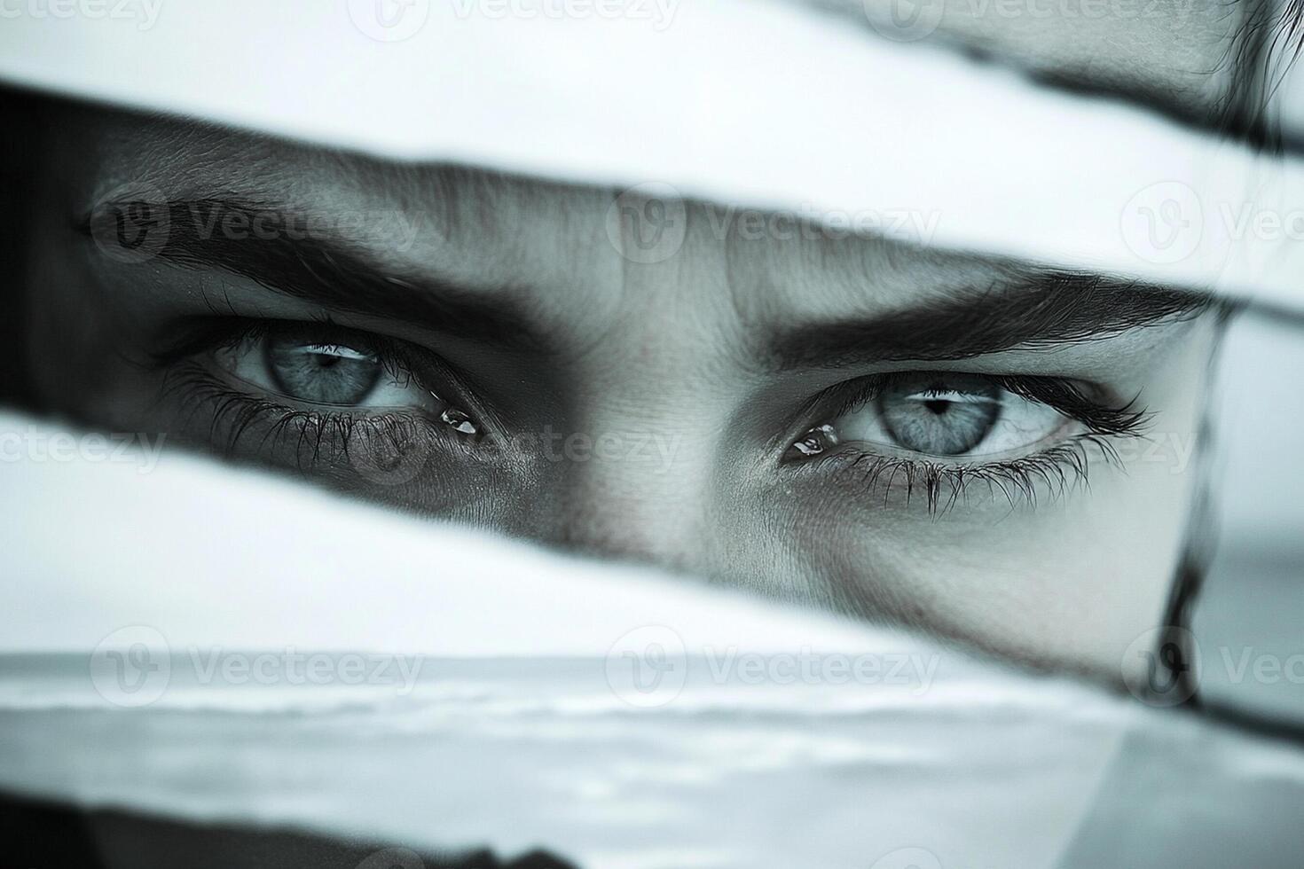 A woman with blue eyes looking through a window photo