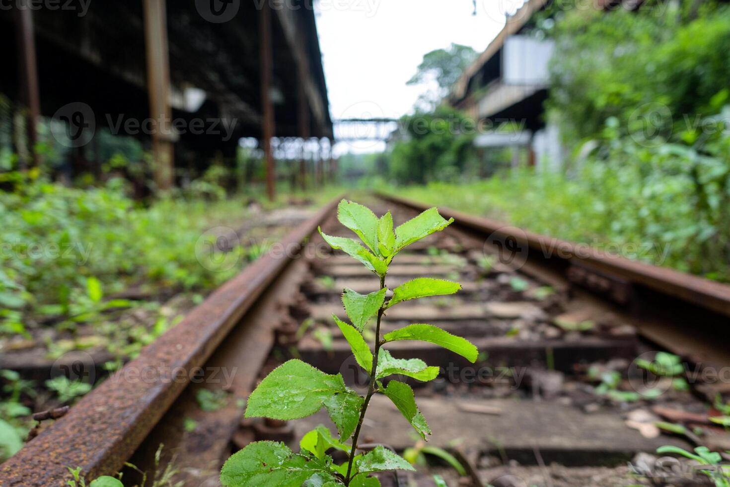 A plant growing on the tracks of an abandoned train photo