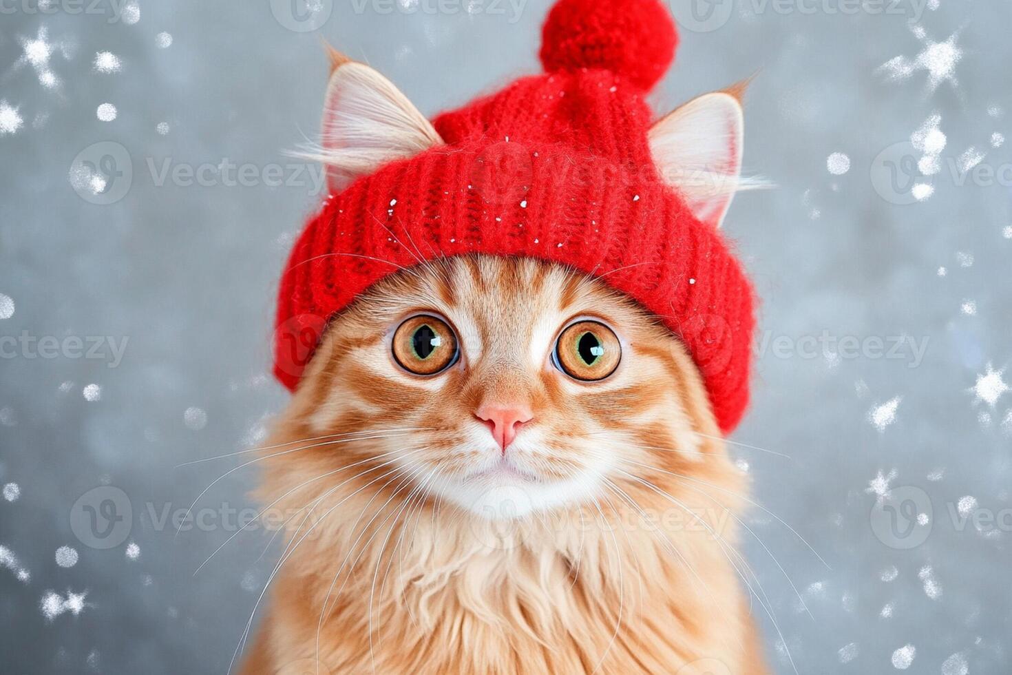 A ginger cat wearing a red hat and looking at the camera photo