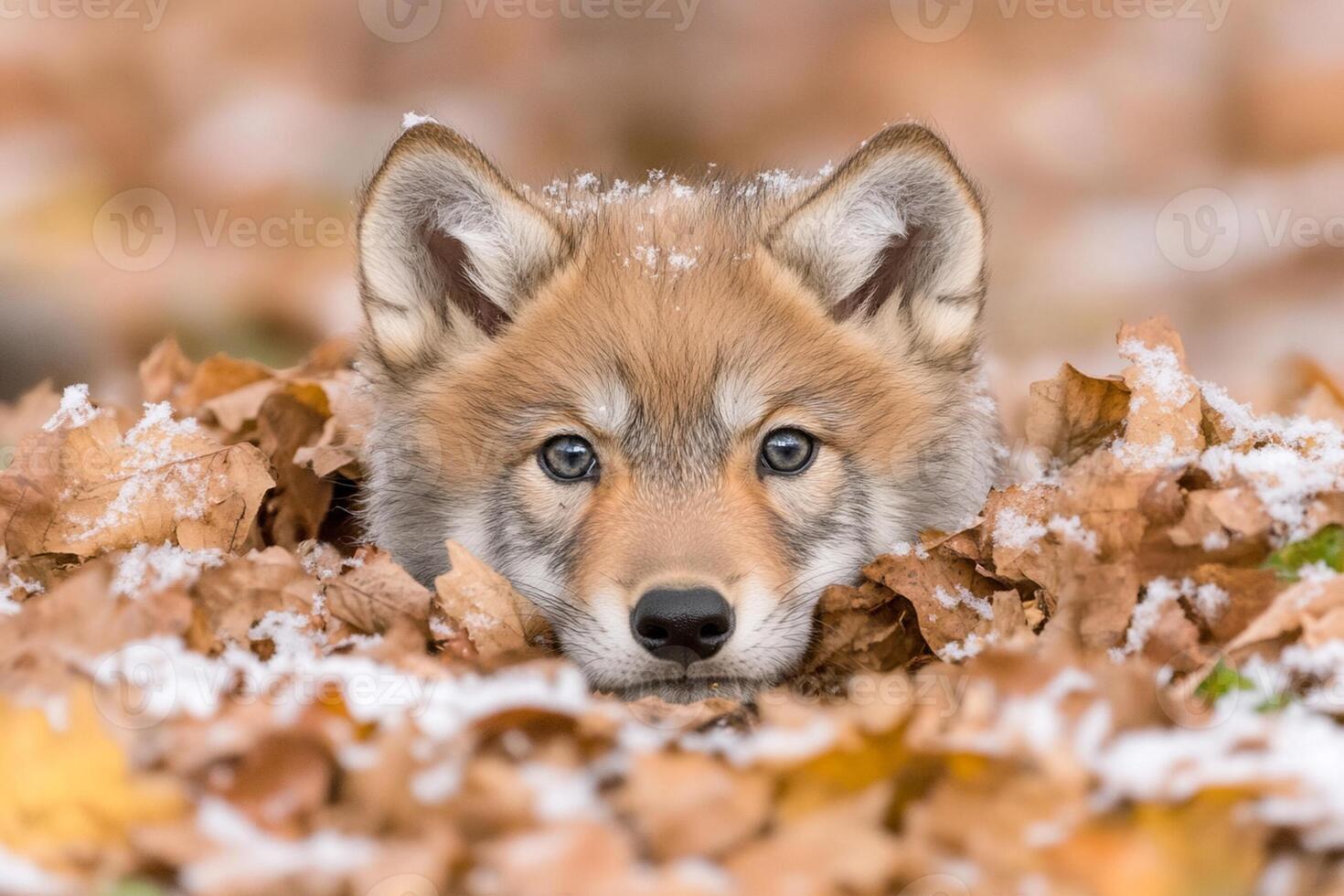 A wolf cub peeking out from the leaves photo
