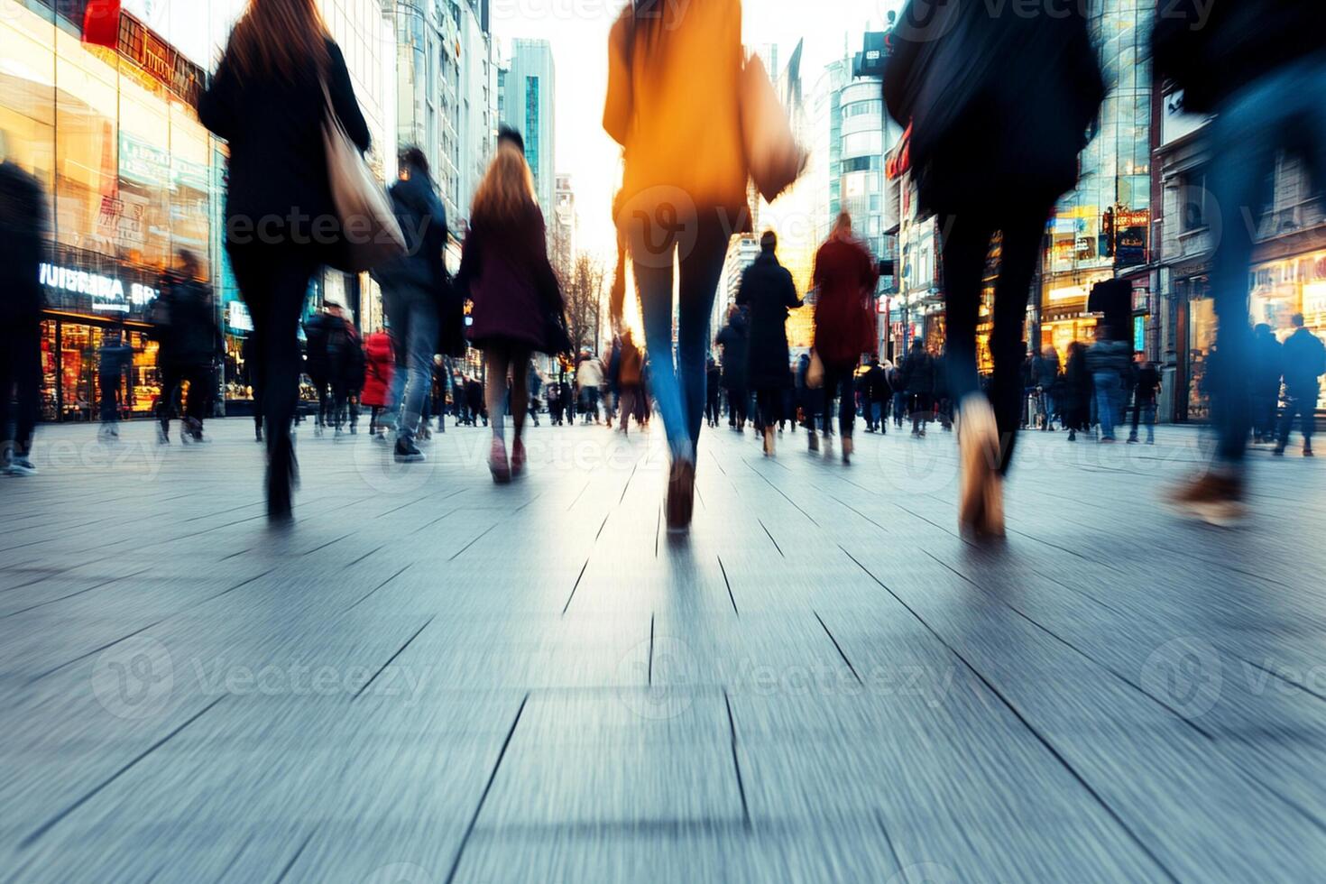 People walking down a city street with blurred background photo