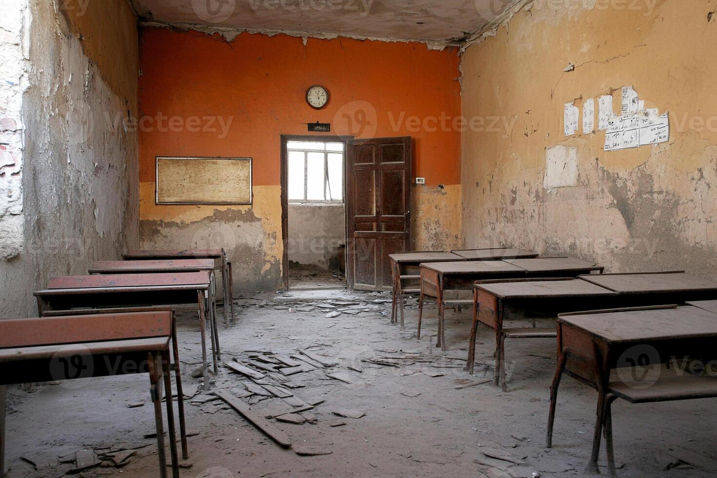 A classroom with desks and chairs in it photo