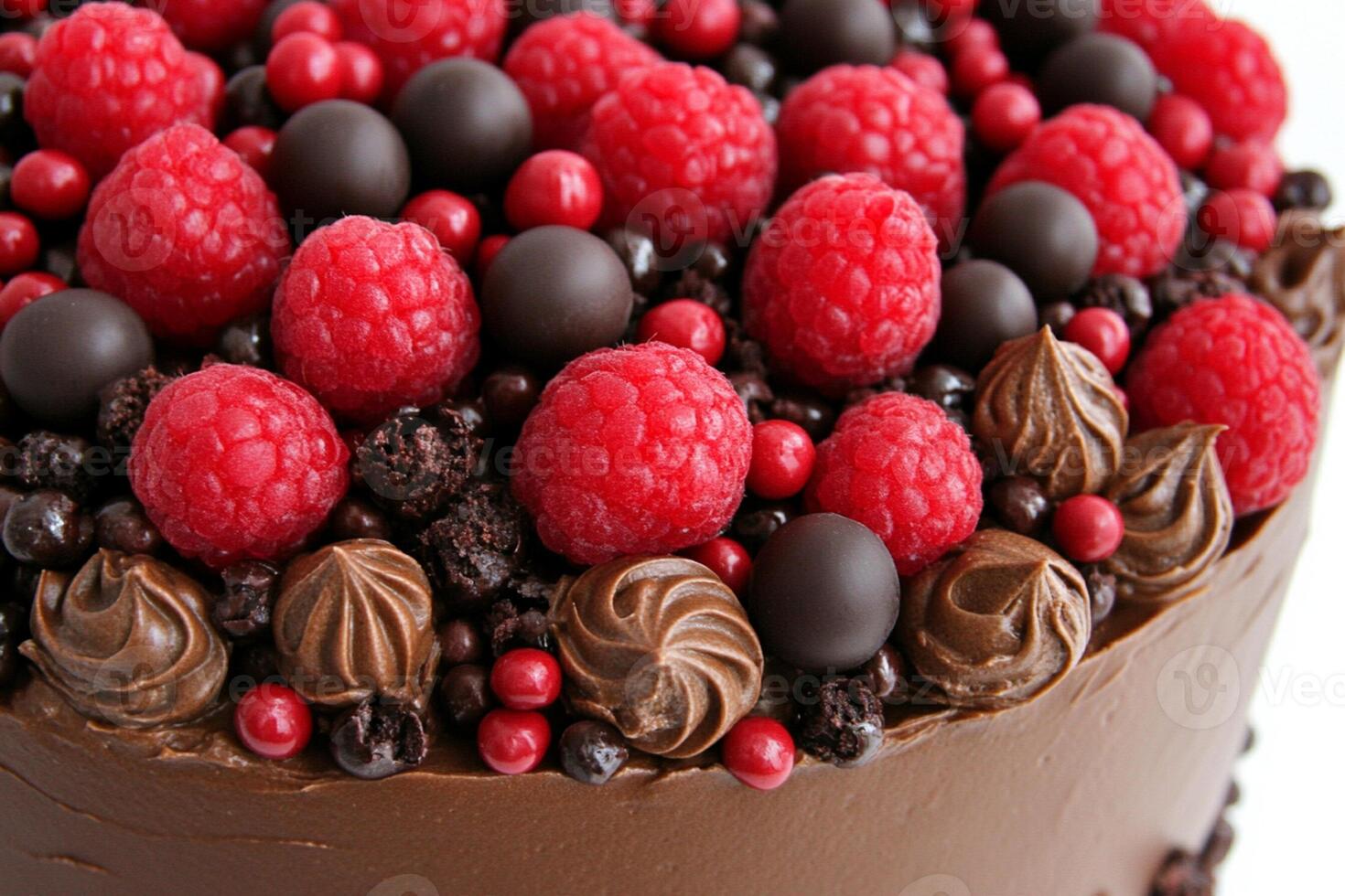 A chocolate cake with raspberries and chocolate chips photo