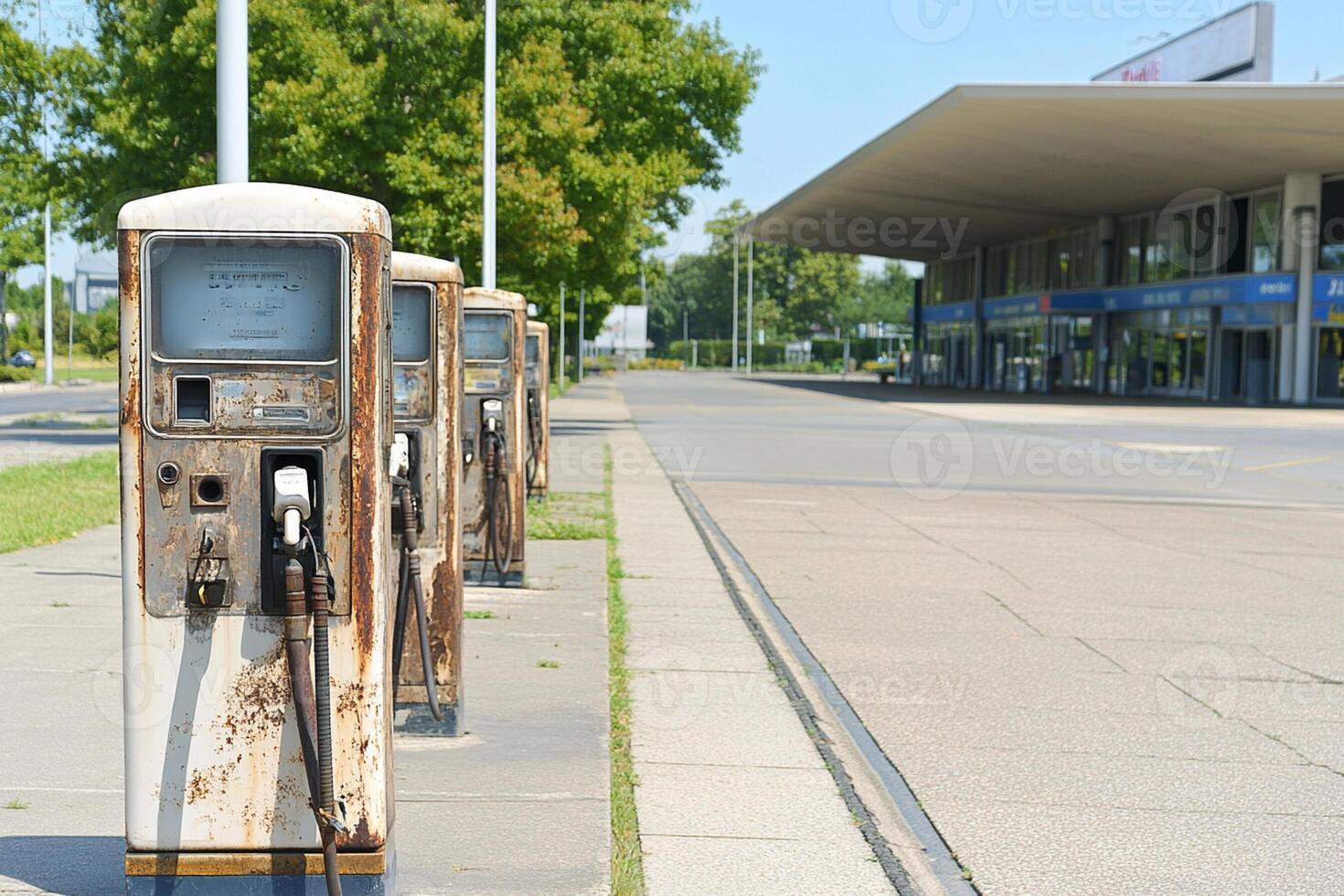 A row of old gas pumps on a sidewalk photo