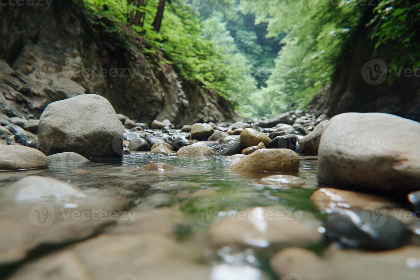 A stream of water flowing through a rocky area photo