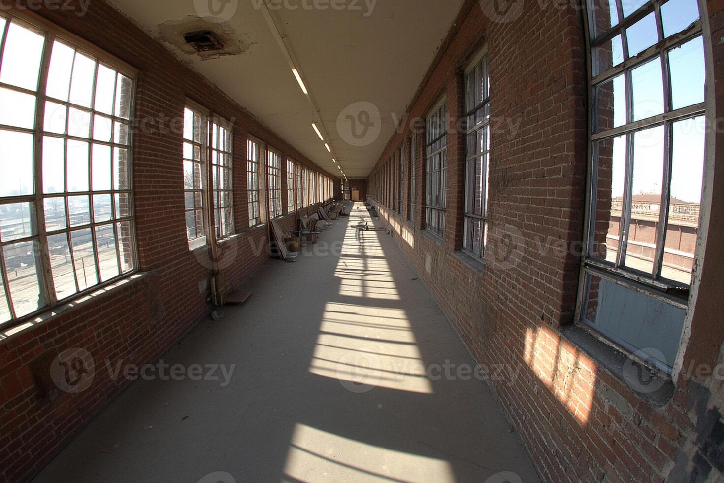 A long hallway with many windows and a brick wall photo