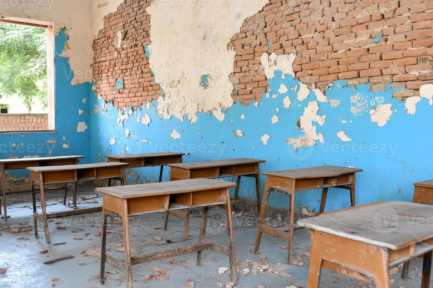 An empty classroom with desks and chairs photo