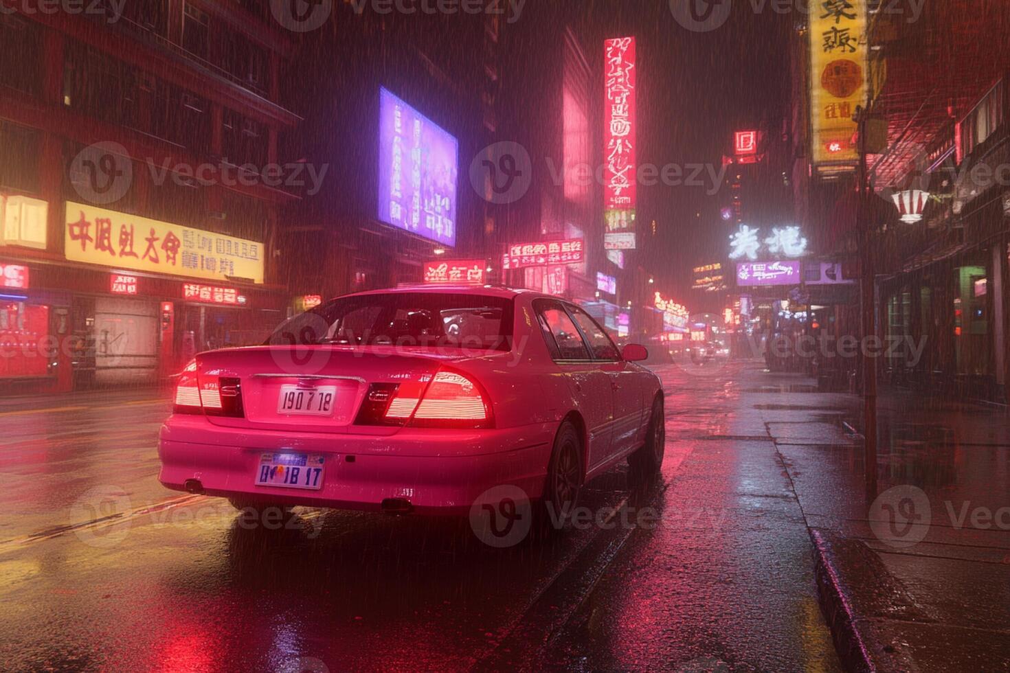 A pink car is driving down a city street at night photo