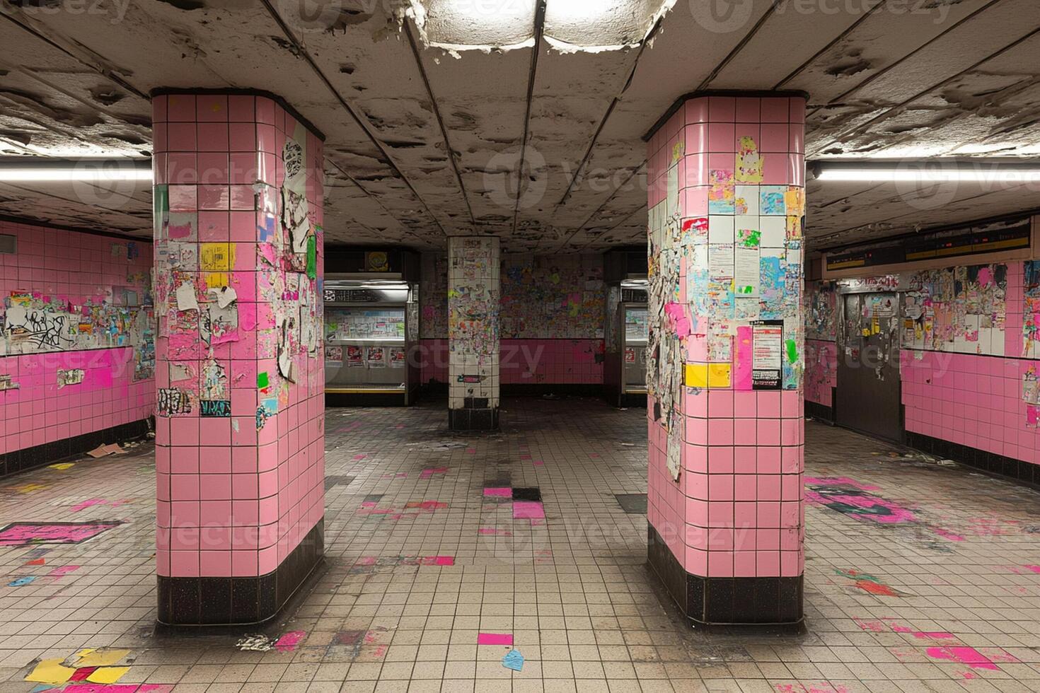 A hallway with pink tiles and a lot of sticky notes photo