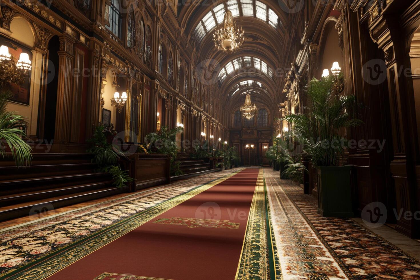 A long hallway with a red carpet and ornate chandeliers photo