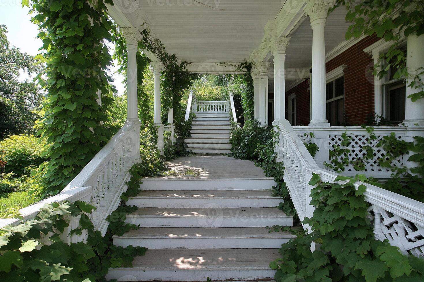 A white porch with ivy growing on it photo