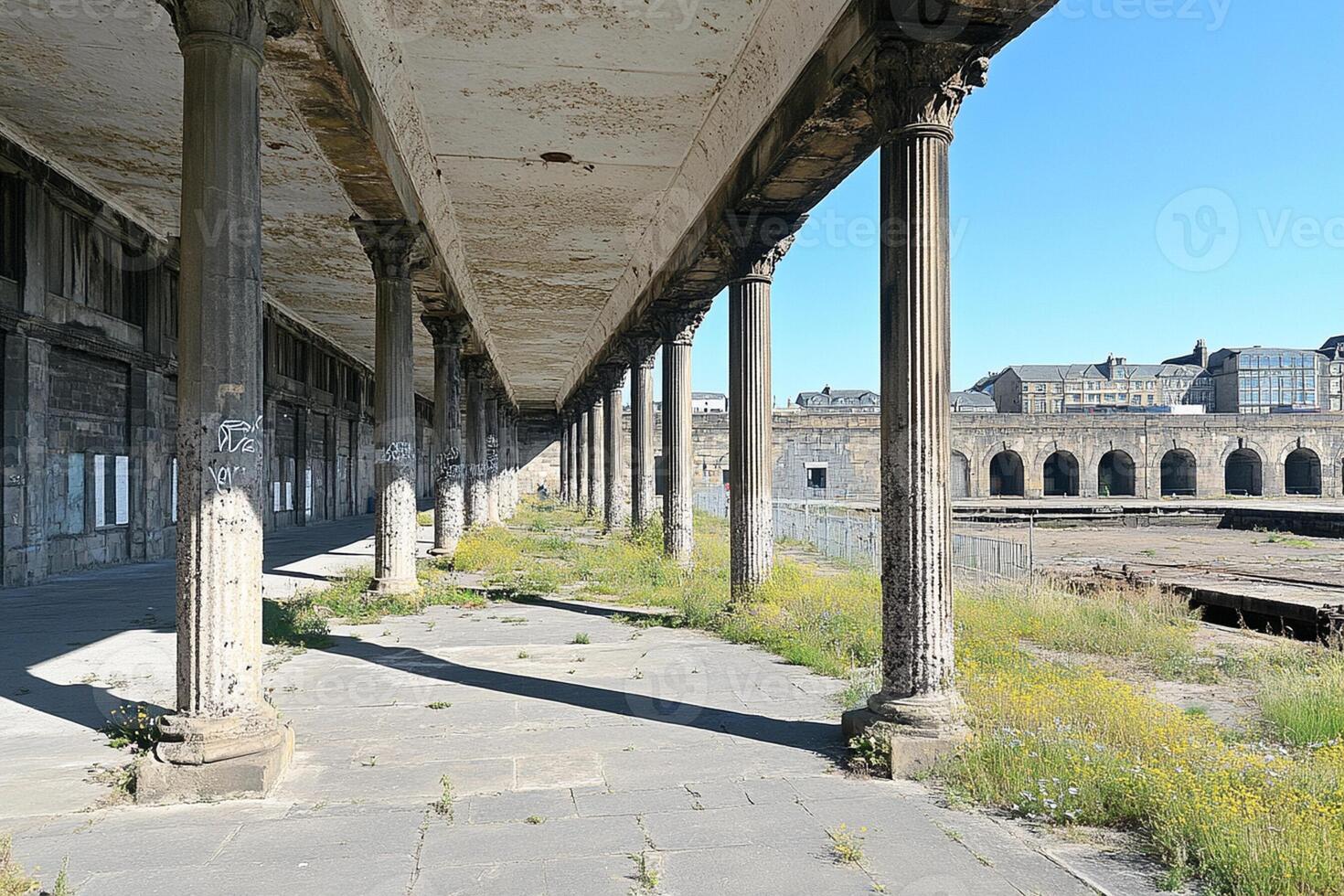 A building with columns and a walkway photo