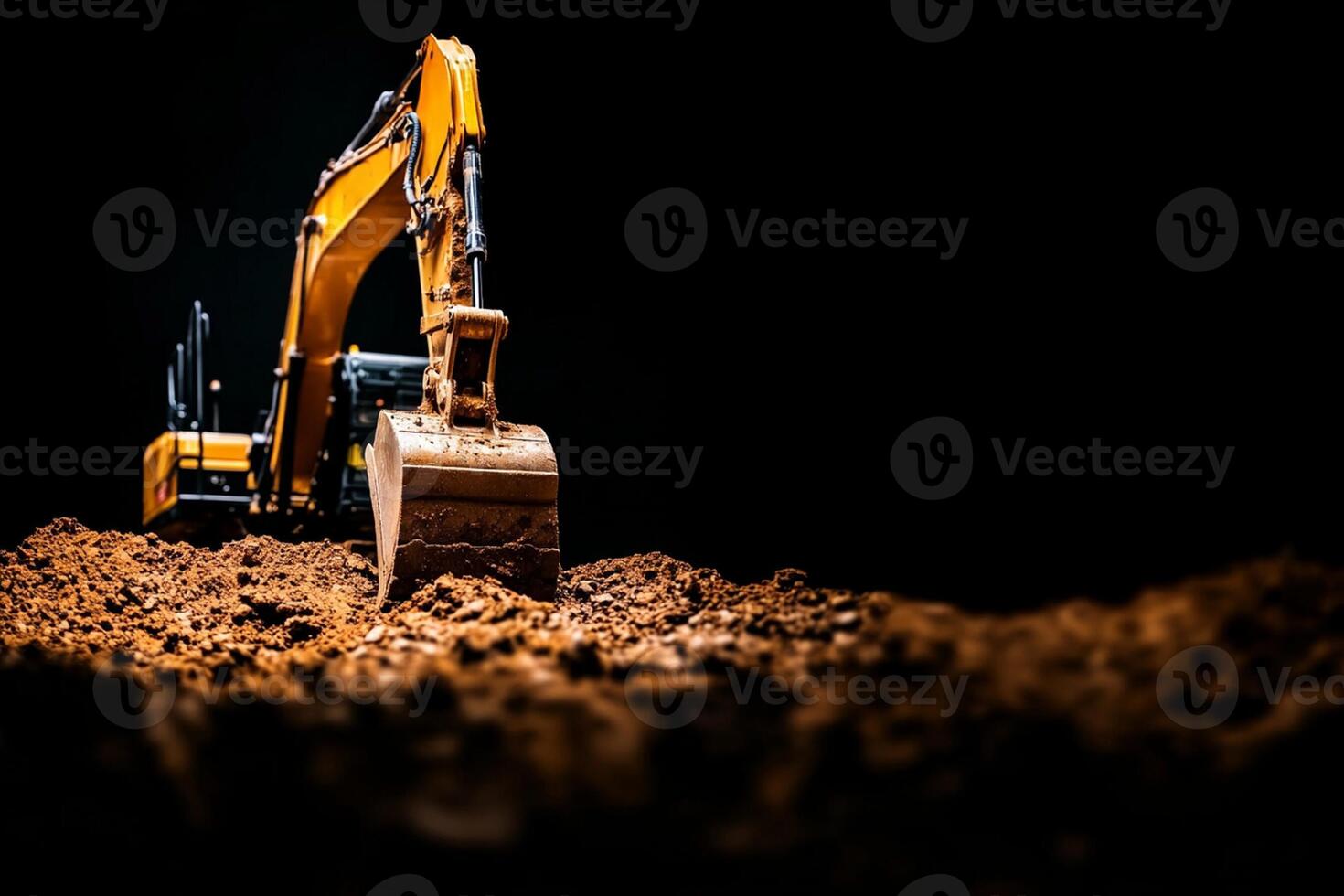 A yellow excavator is sitting in the dirt photo