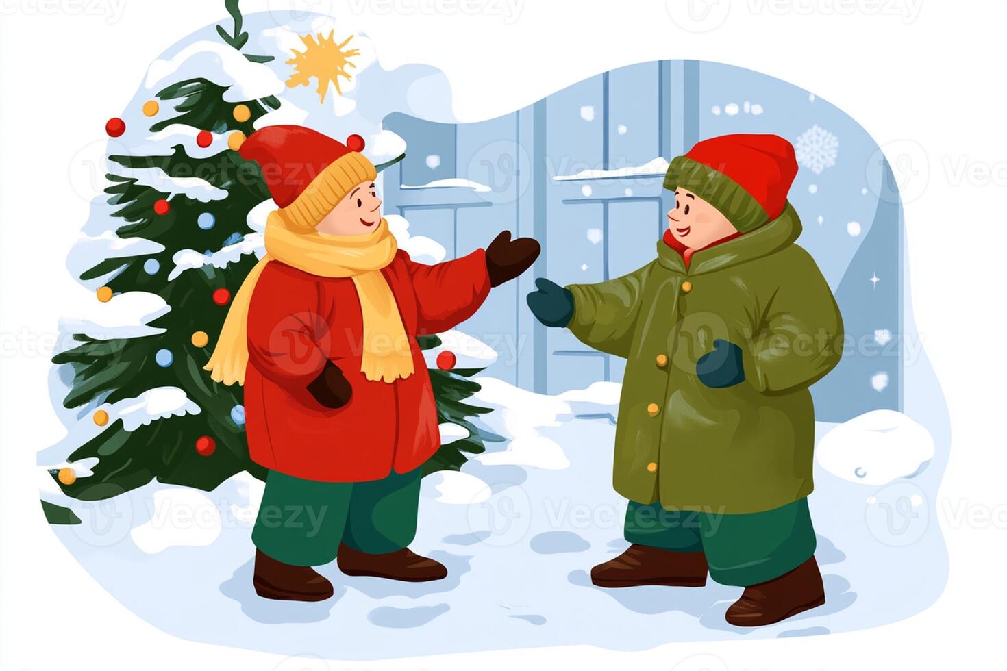 Two children are standing near a christmas tree photo