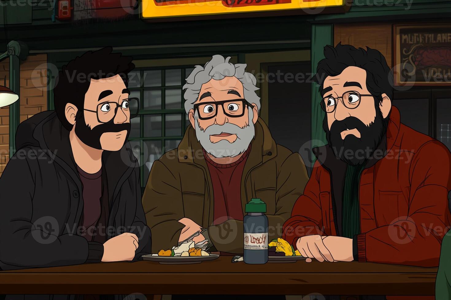 Three men sitting at a table with a sign that says the office photo