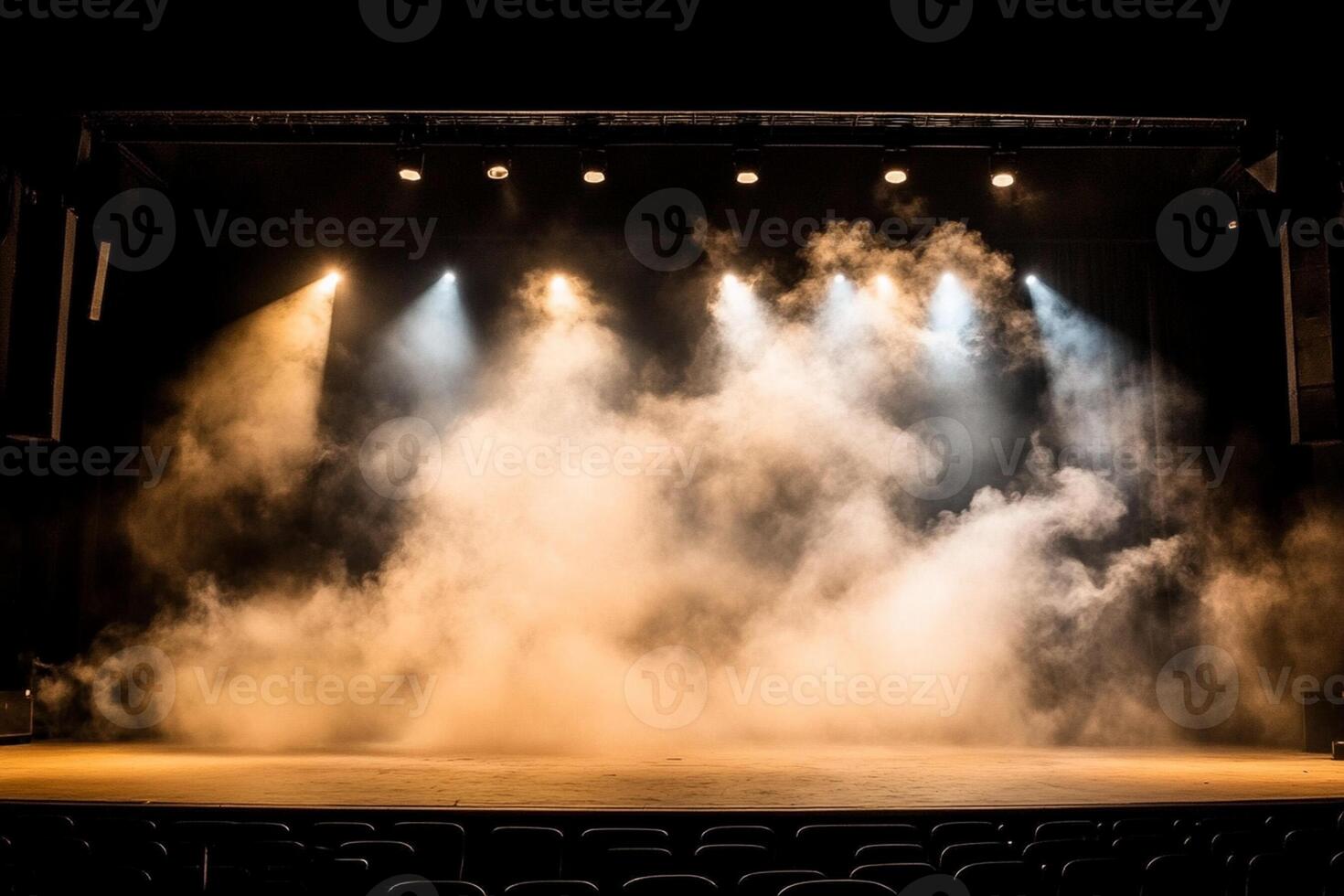 Stage with smoke and spotlight on stage photo