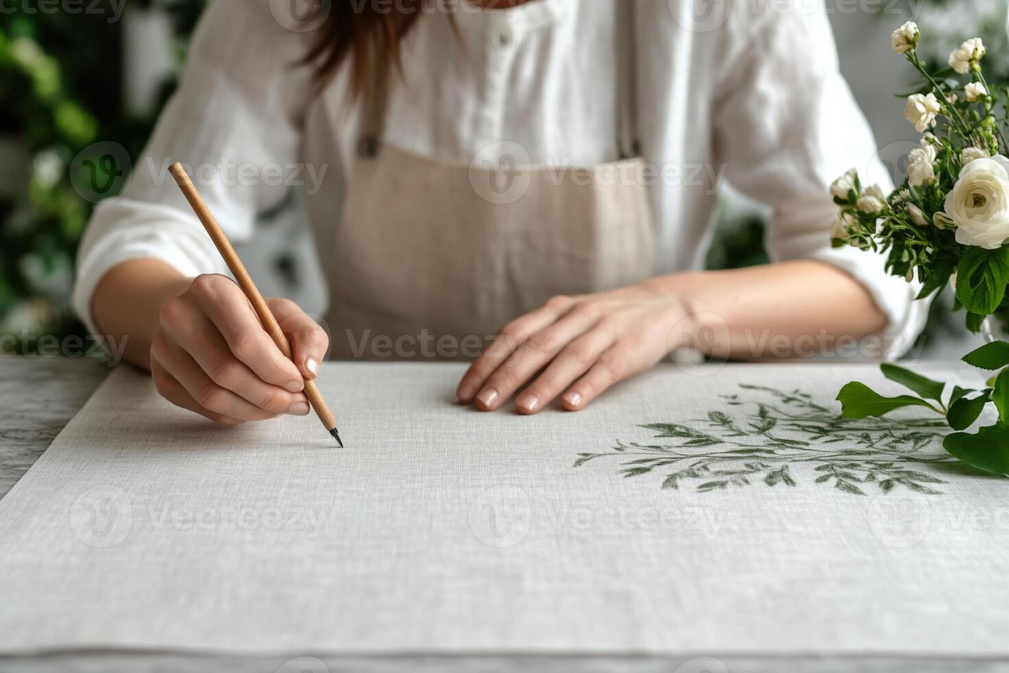 A woman is drawing on a piece of paper with a pencil photo