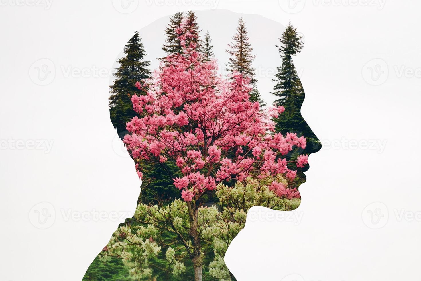 A double exposure of a man's head with trees and flowers photo