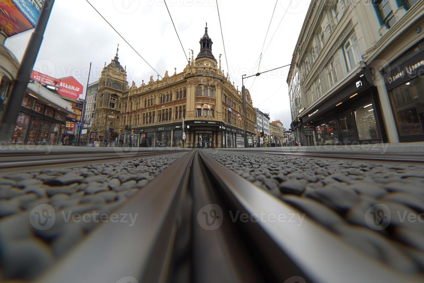 A view of a train track with a building in the background photo