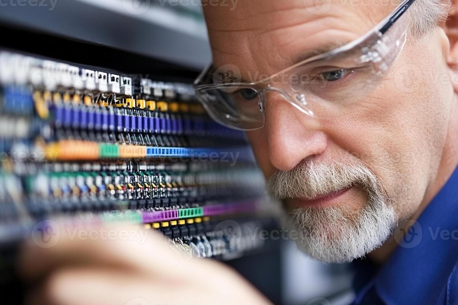 A man wearing glasses and a blue shirt is looking at a computer photo