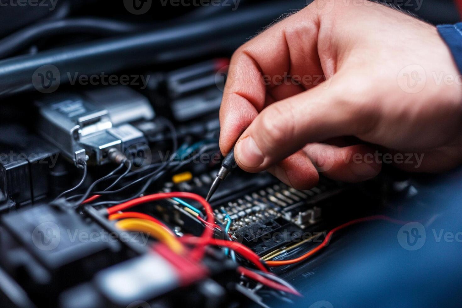 A person is working on a car's electrical system photo