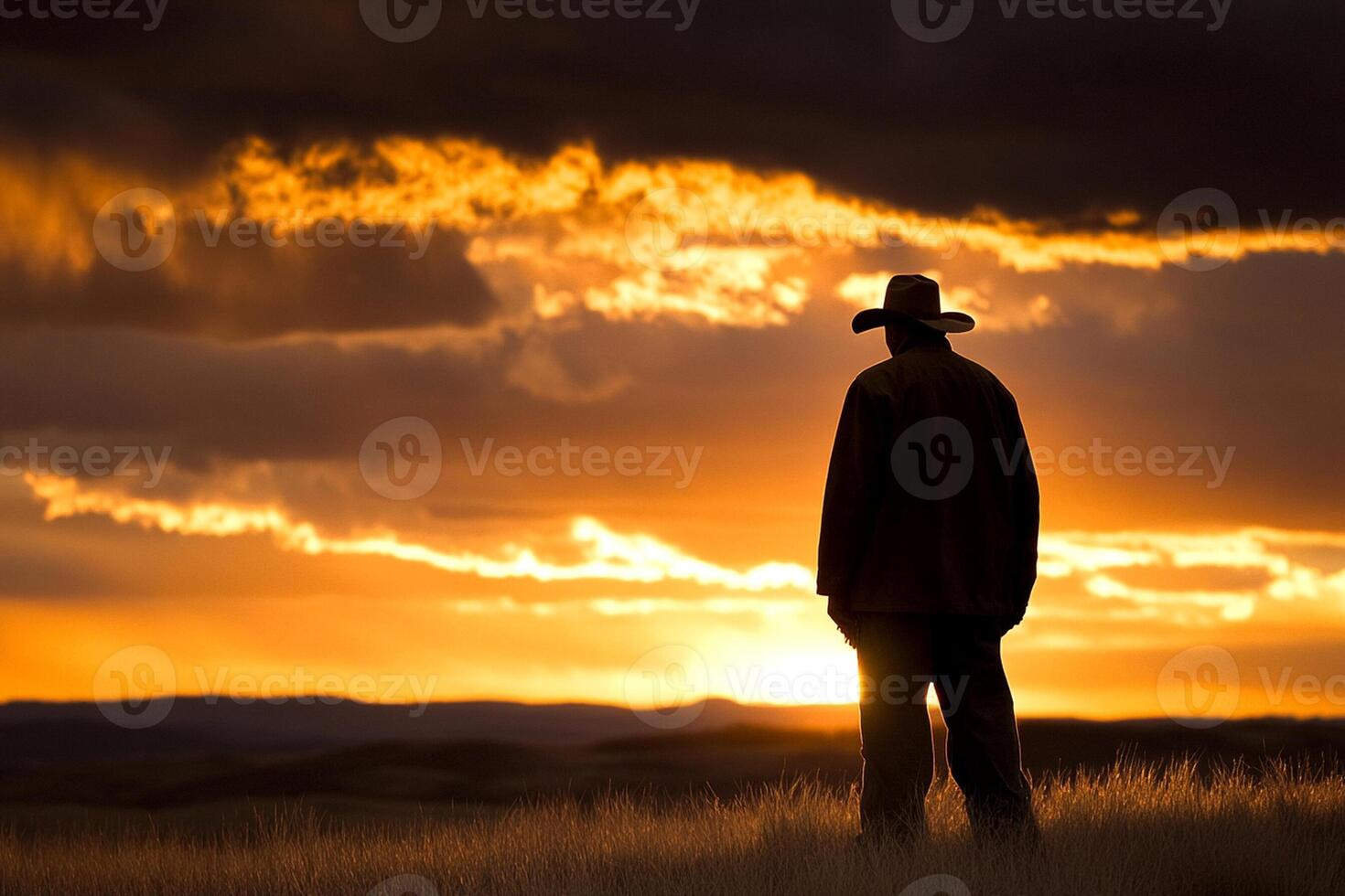 A man in a hat stands in a field at sunset photo
