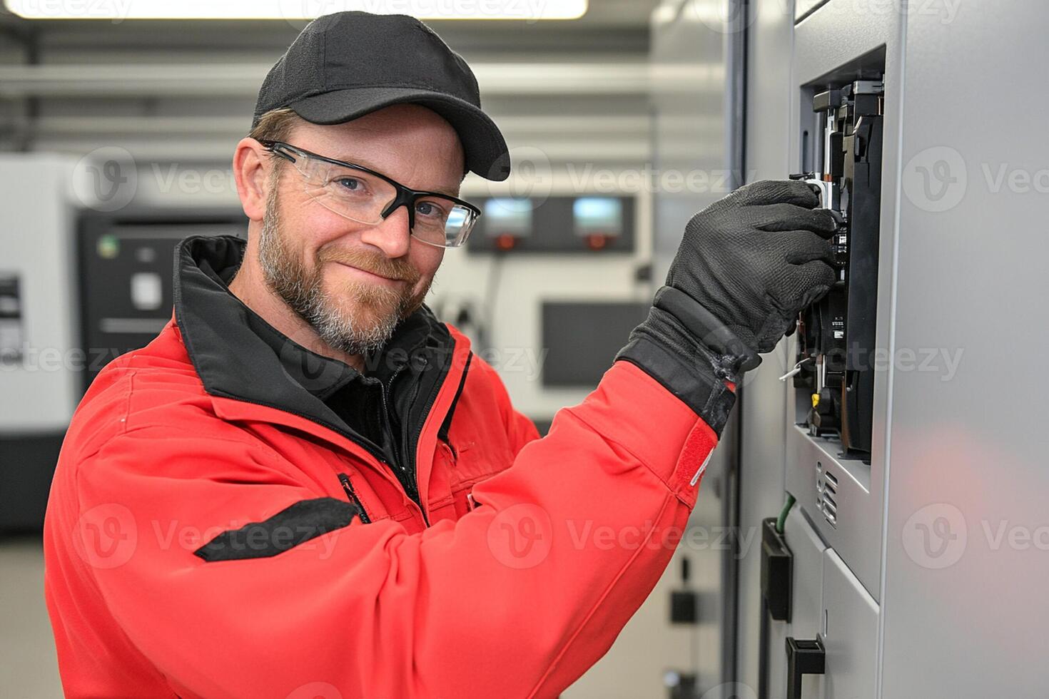 A man in a red jacket and glasses is fixing a panel photo