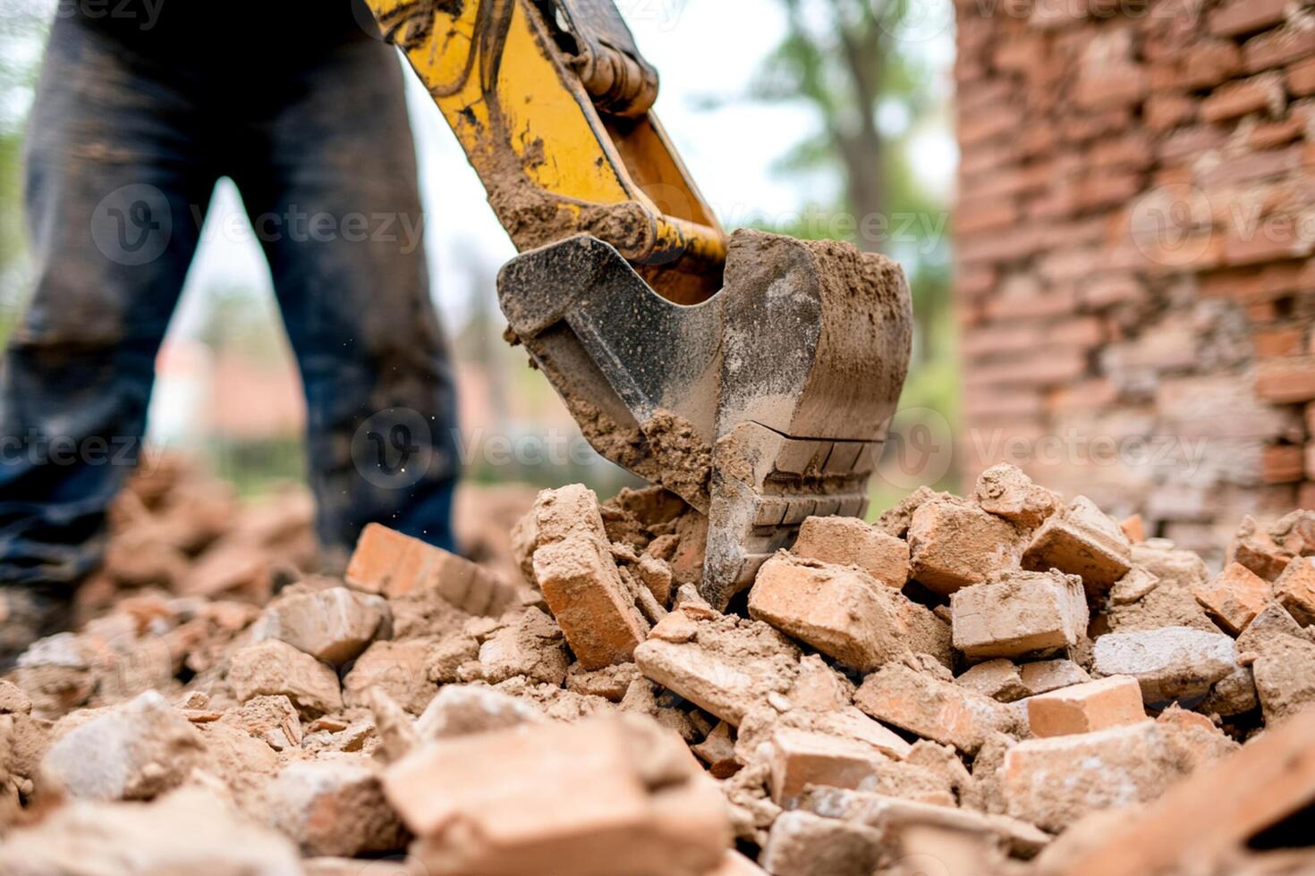 A man is using an excavator to dig up bricks photo