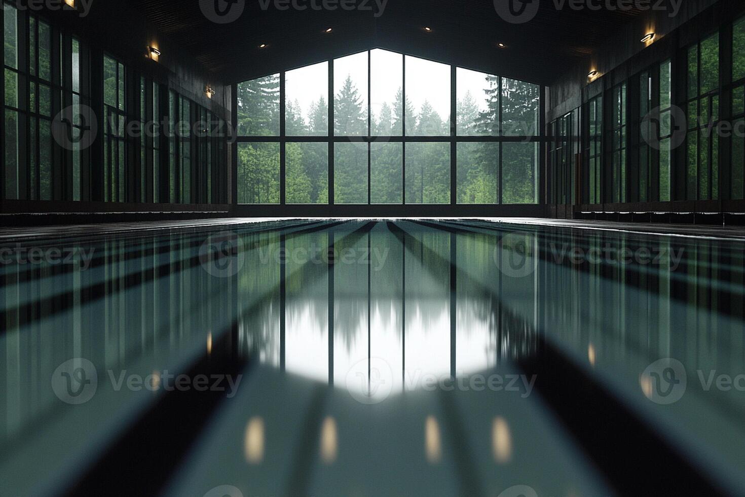 An empty swimming pool with a large window photo