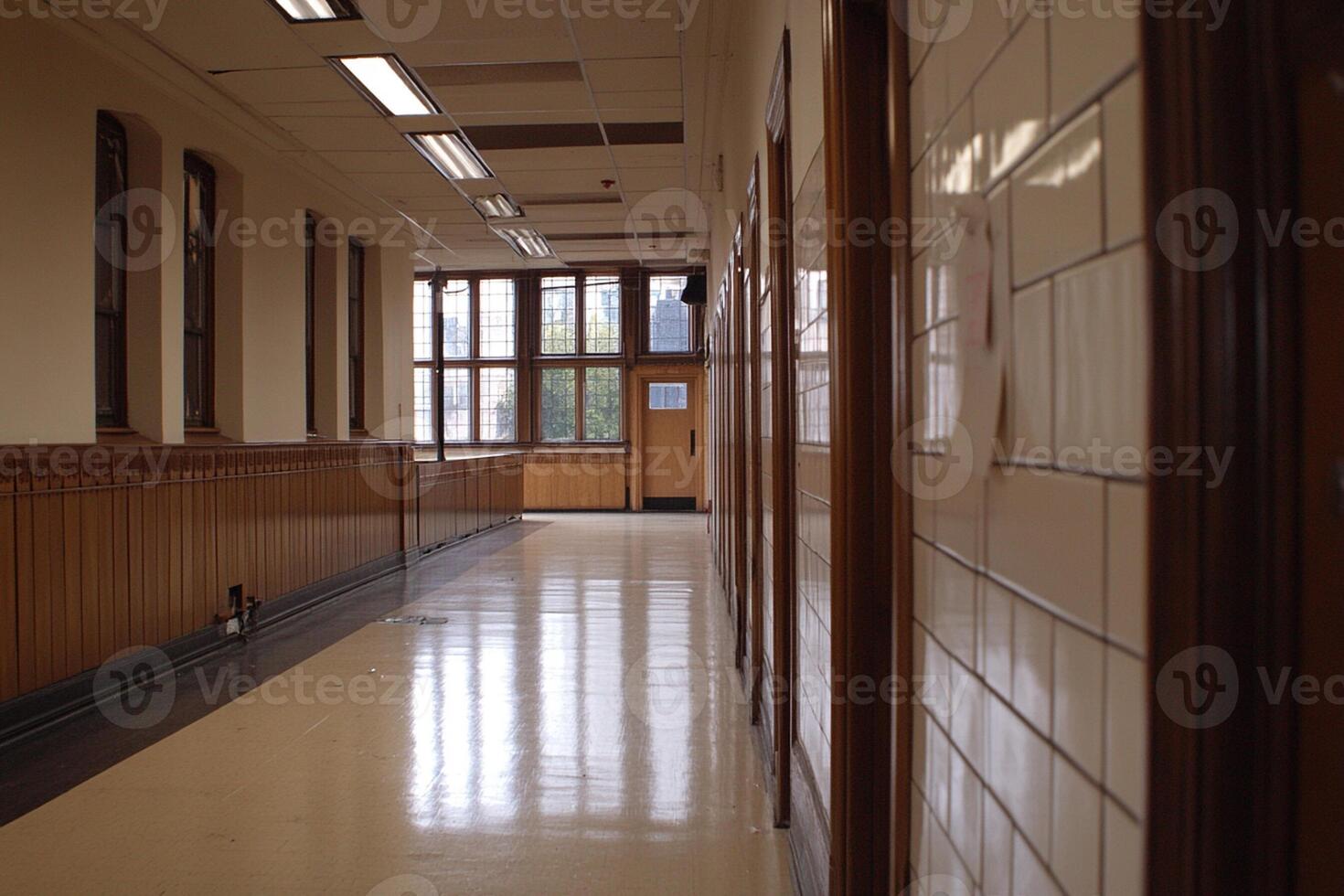 A hallway with a door and windows photo