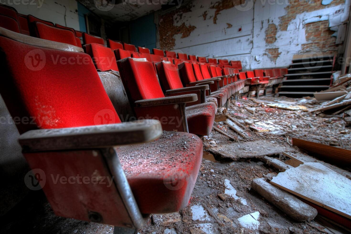 A row of red seats in an abandoned theater photo