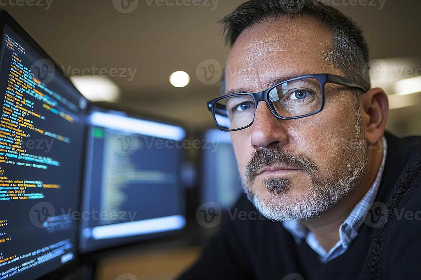 A man with glasses and a beard sitting in front of two computer screens photo