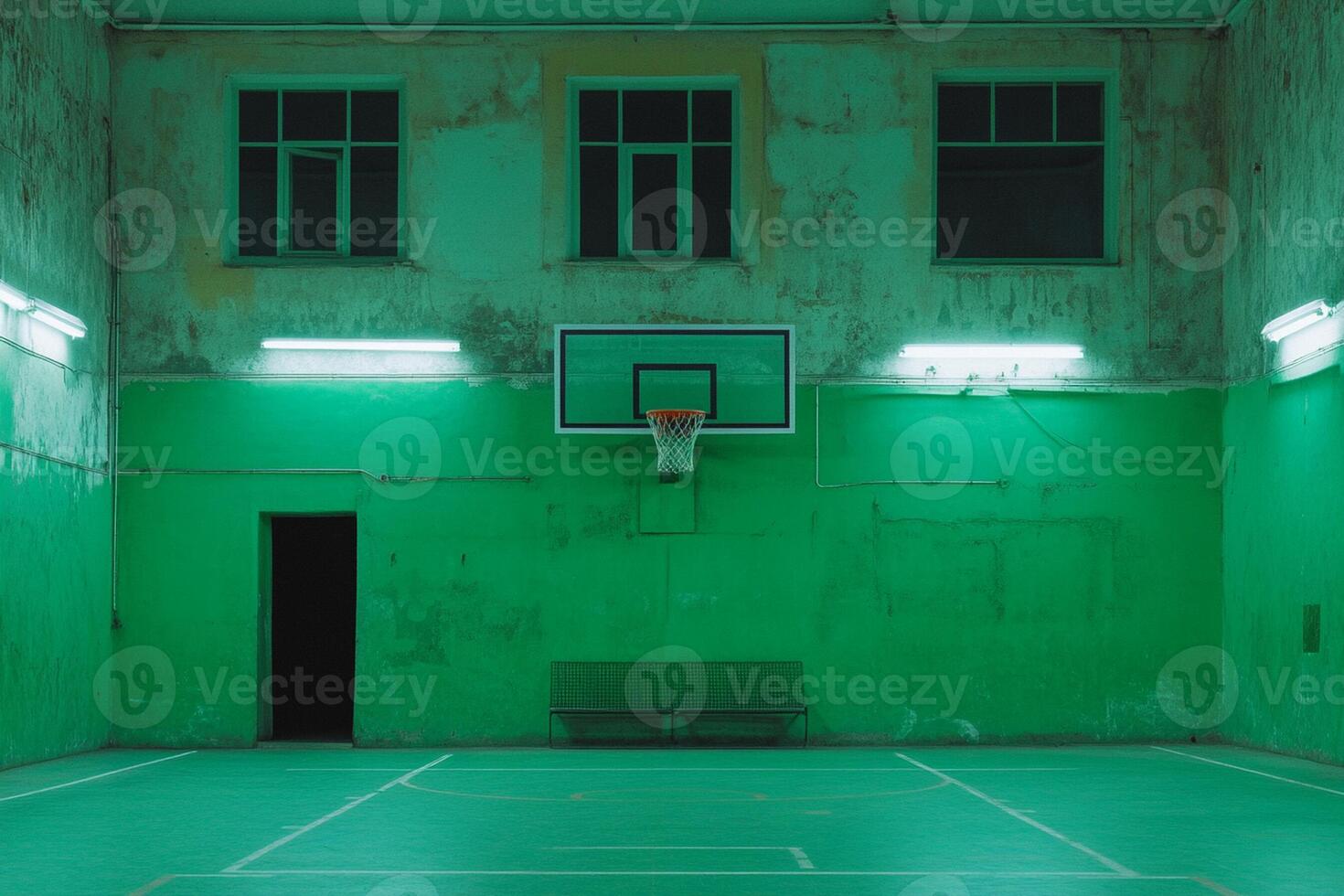 An empty basketball court with green walls and a basketball hoop photo