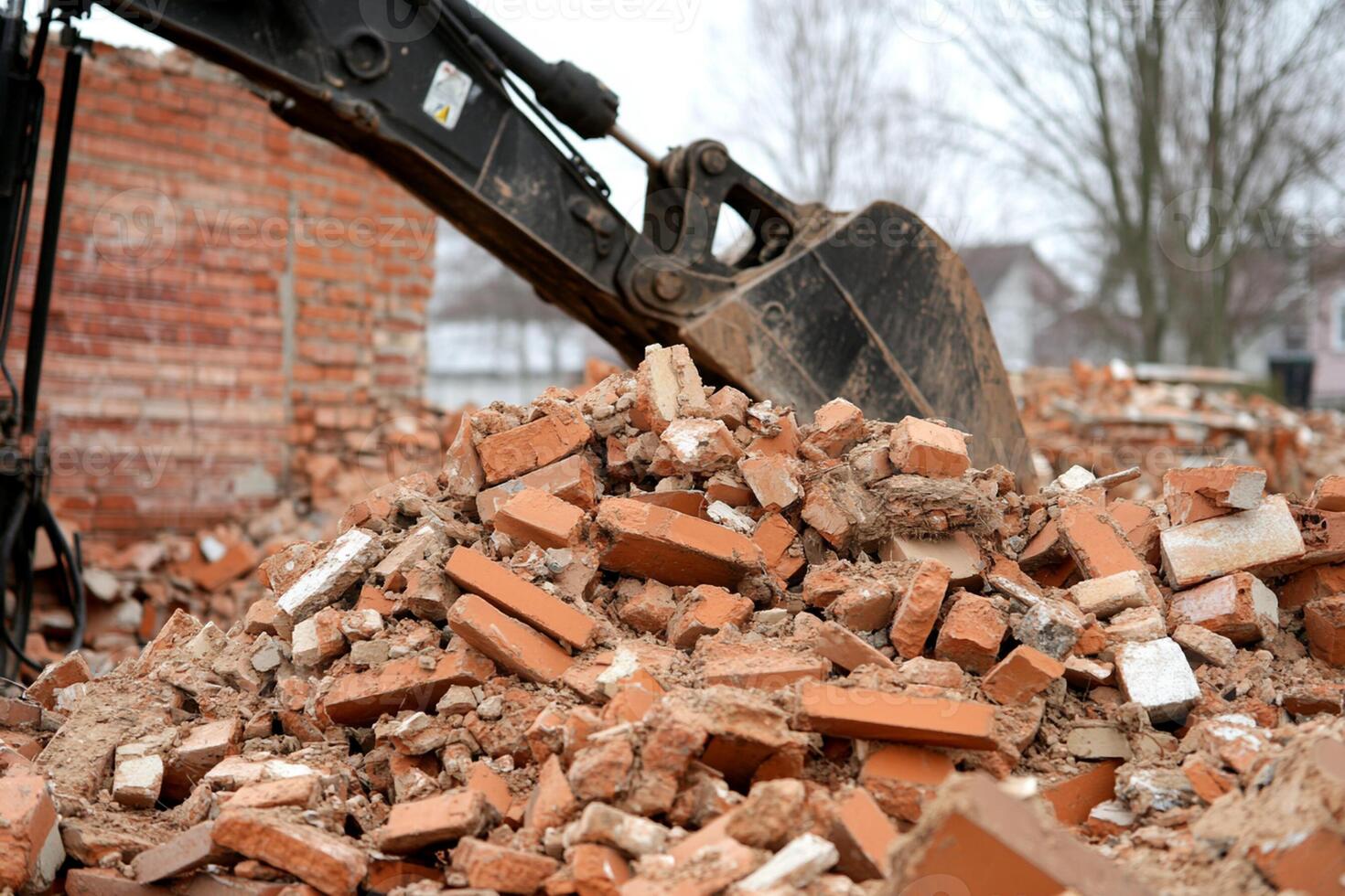 A bulldozer is digging up a pile of bricks photo