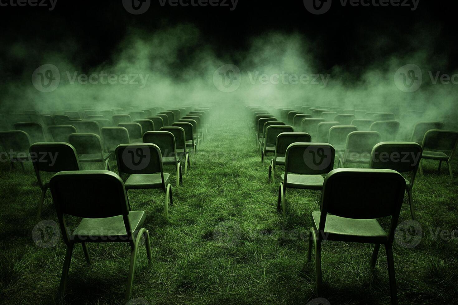 A field of empty chairs in the middle of a field photo