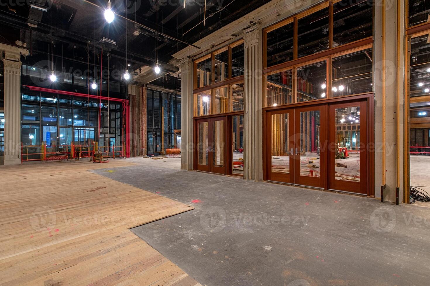A large room with wooden floors and windows photo
