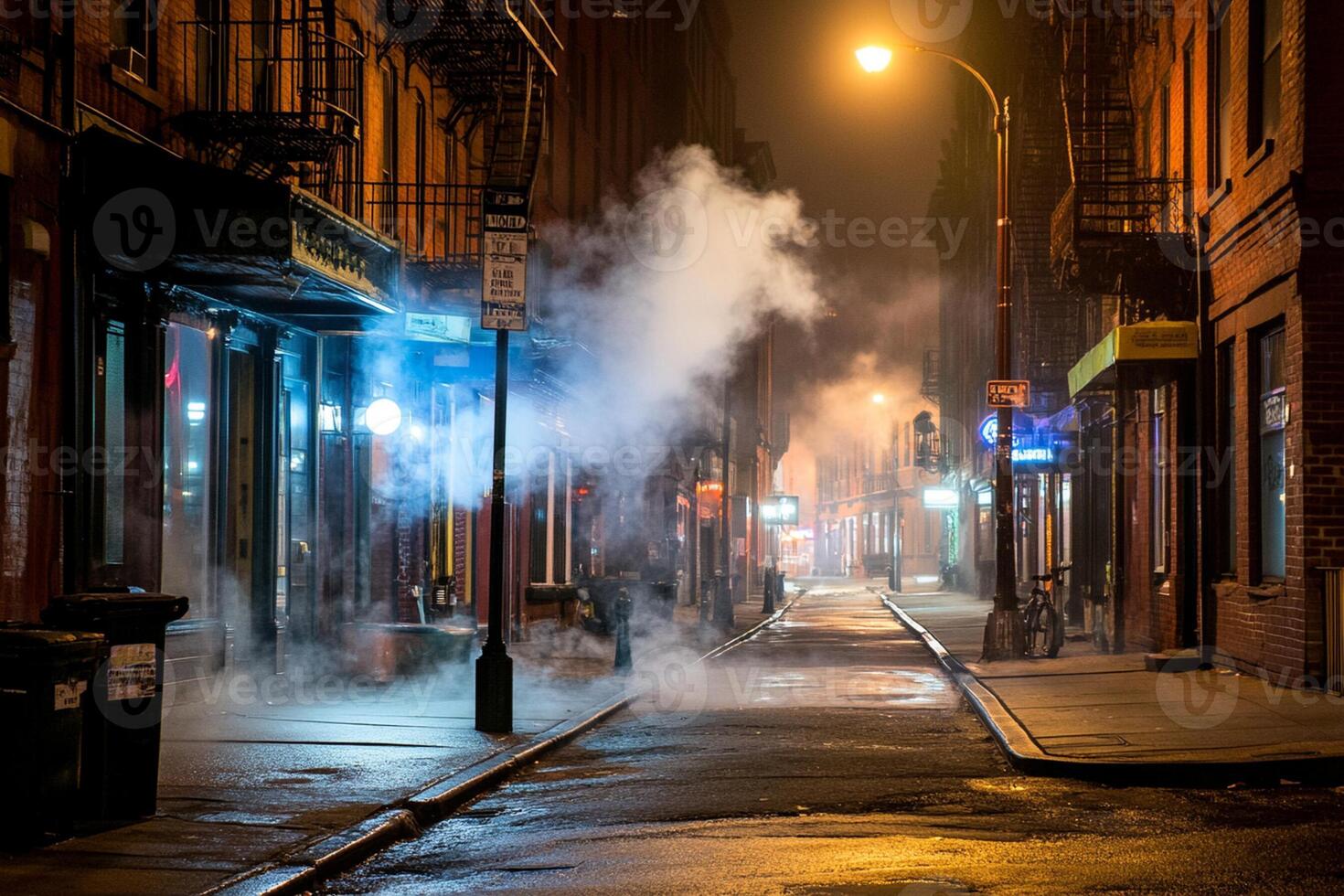 A street with a lot of buildings and a lot of smoke photo