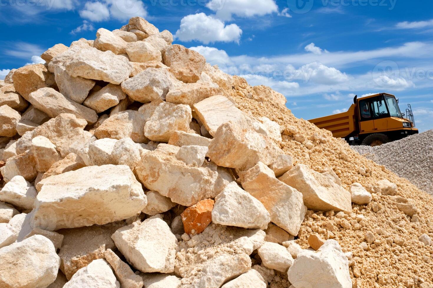 A pile of rocks sitting next to a dump truck photo