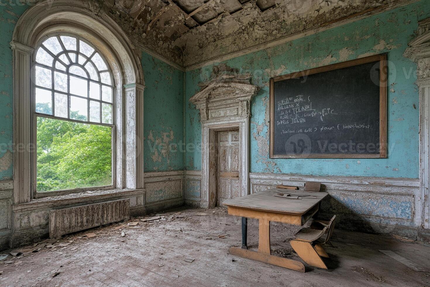 An old classroom with a chalk board and a window photo