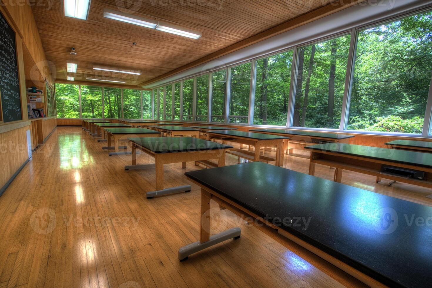 A classroom with tables and chairs photo