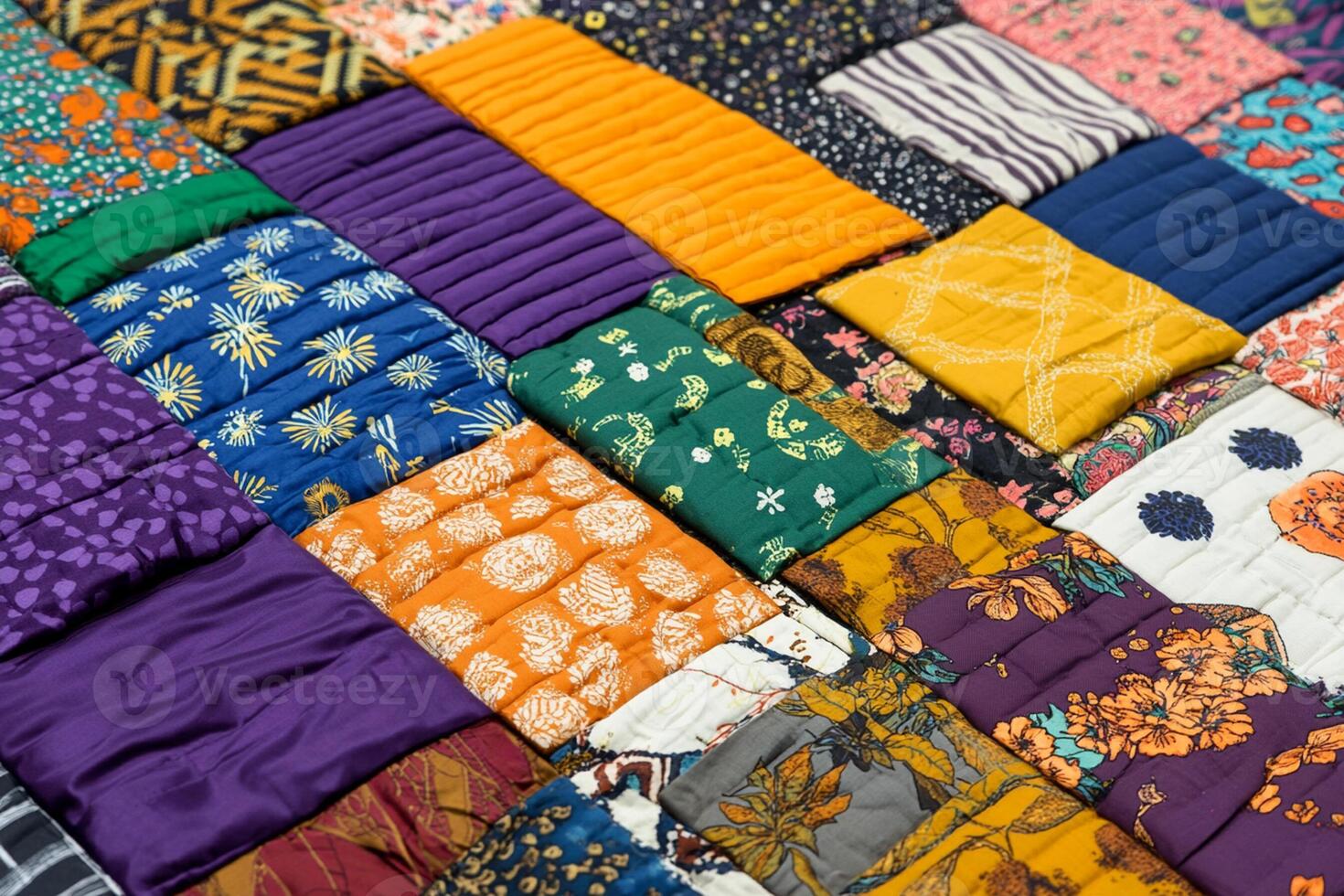 A close up of a quilt with many different colors photo