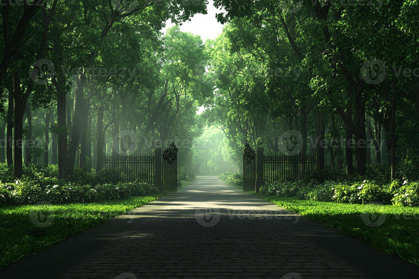 A path through a green forest with trees and grass photo