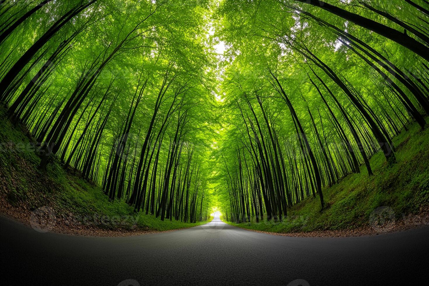 A road through a green forest with trees on both sides photo