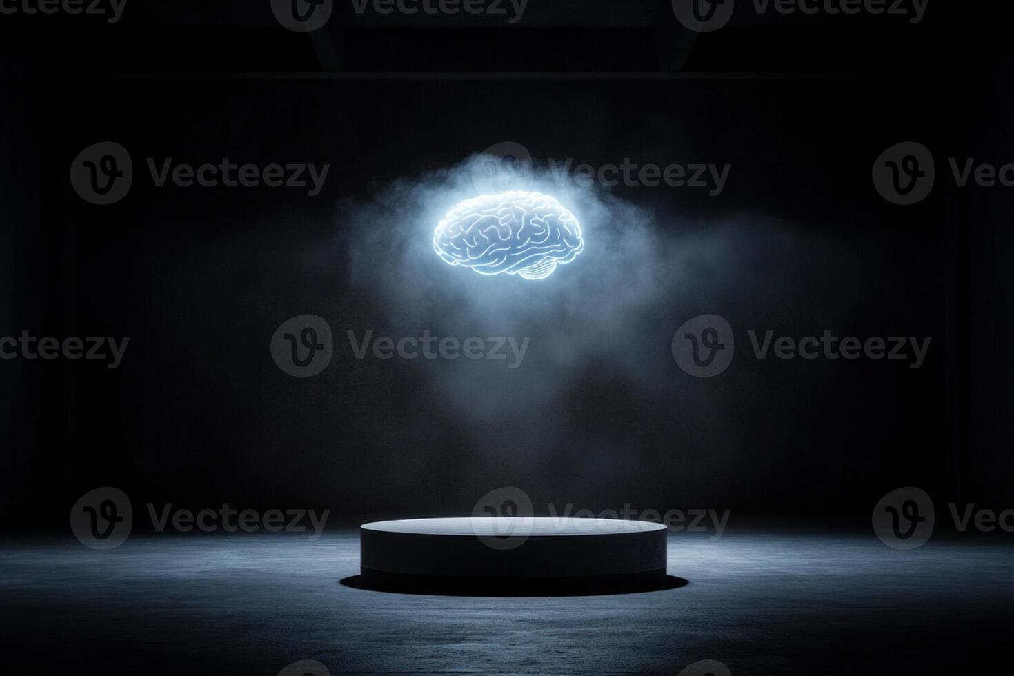 A brain in a dark room with smoke coming out of it photo