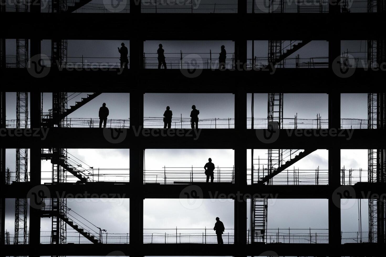 Silhouettes of people standing on the top of a building photo