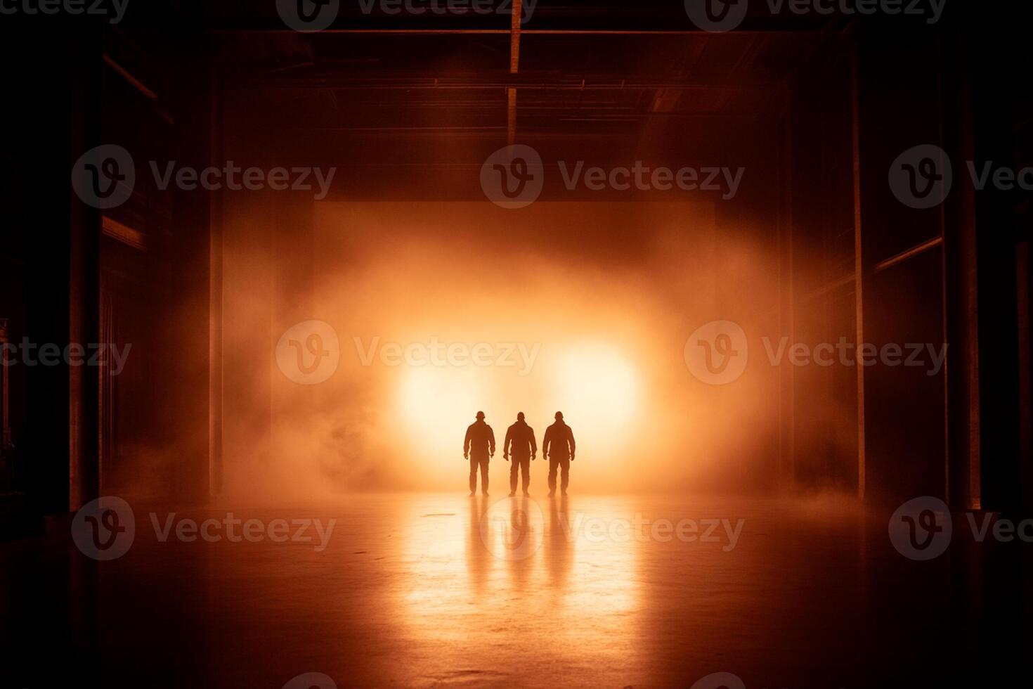 Three people stand in a dark room with smoke coming out of the door photo