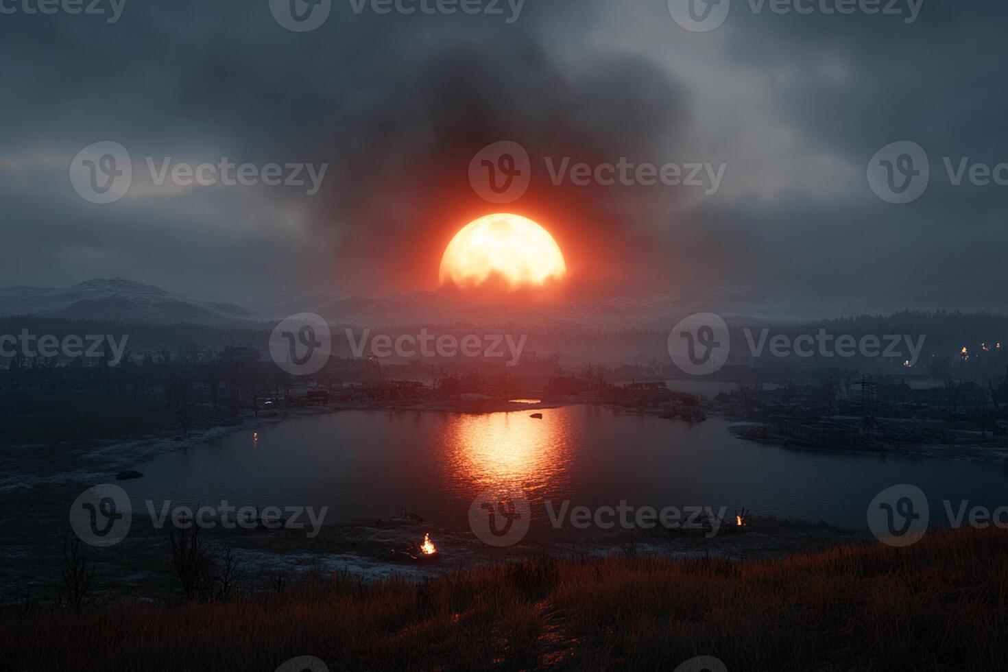 The sun is setting over a lake in the distance photo