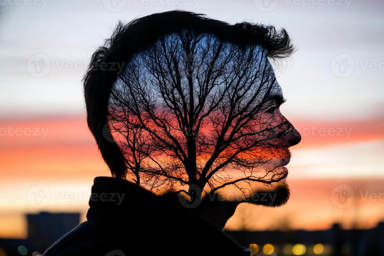 A man's face is reflected in a tree photo