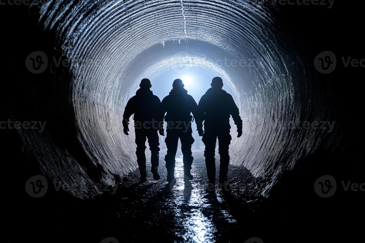 Three men in dark clothing walking through a tunnel photo